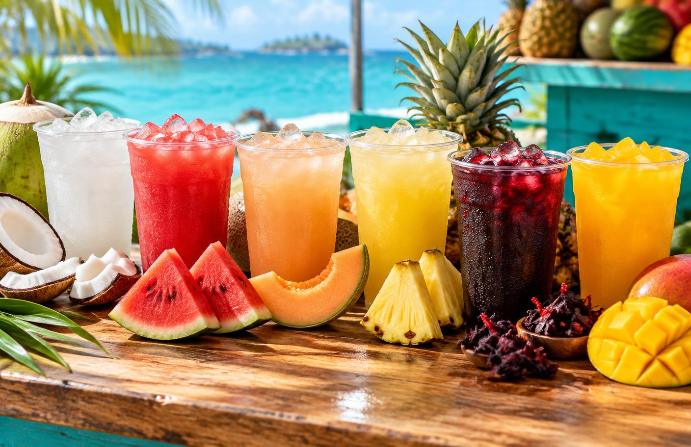 Colorful ice-cold aguas frescas surrounded by tropical fruit