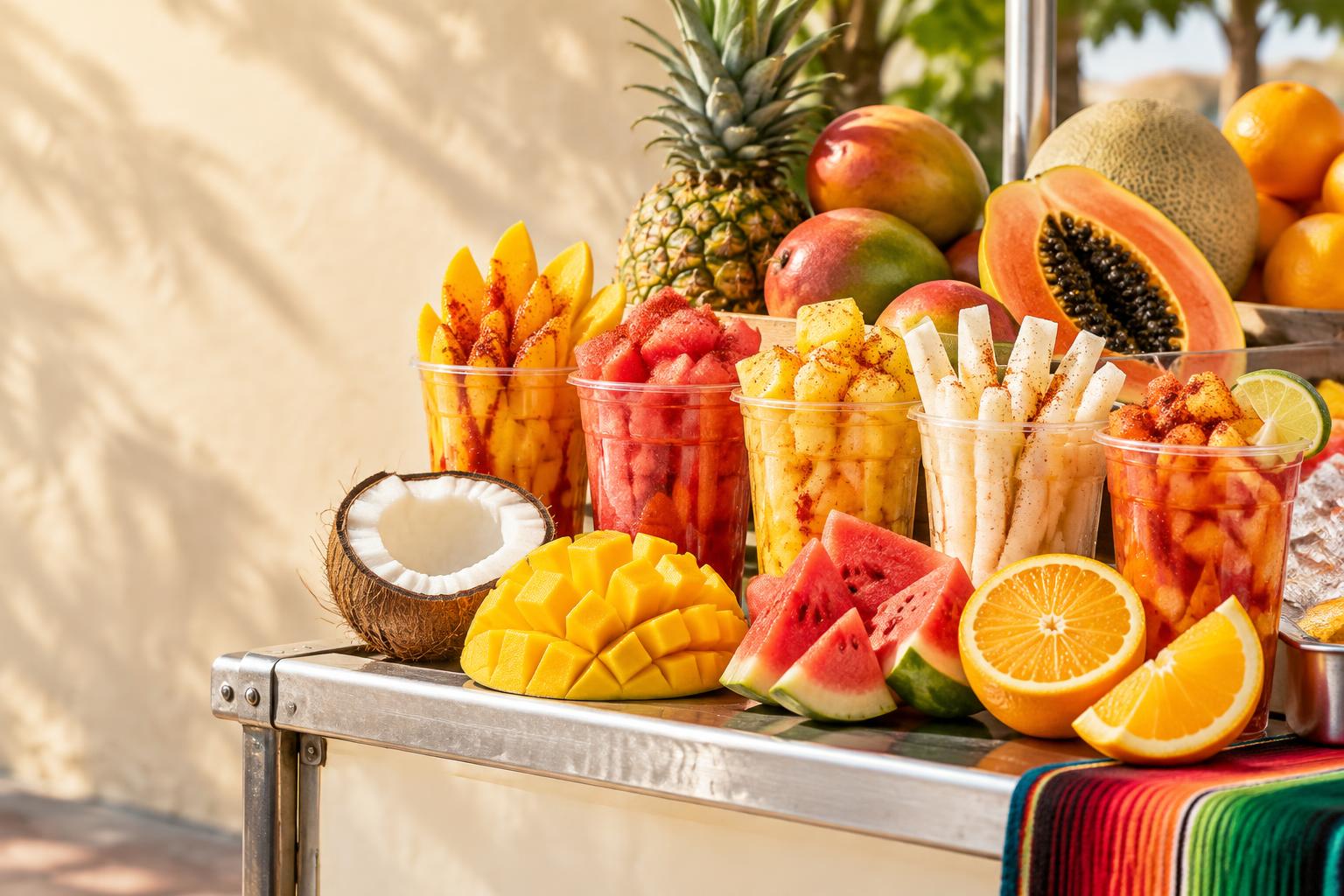 Fresh tropical fruit cups with mango, watermelon, pineapple and coconut